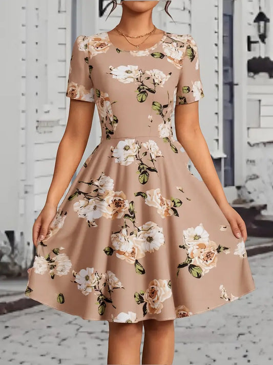 Robe Élégante Imprimée – Manches Courtes & Col Rond
